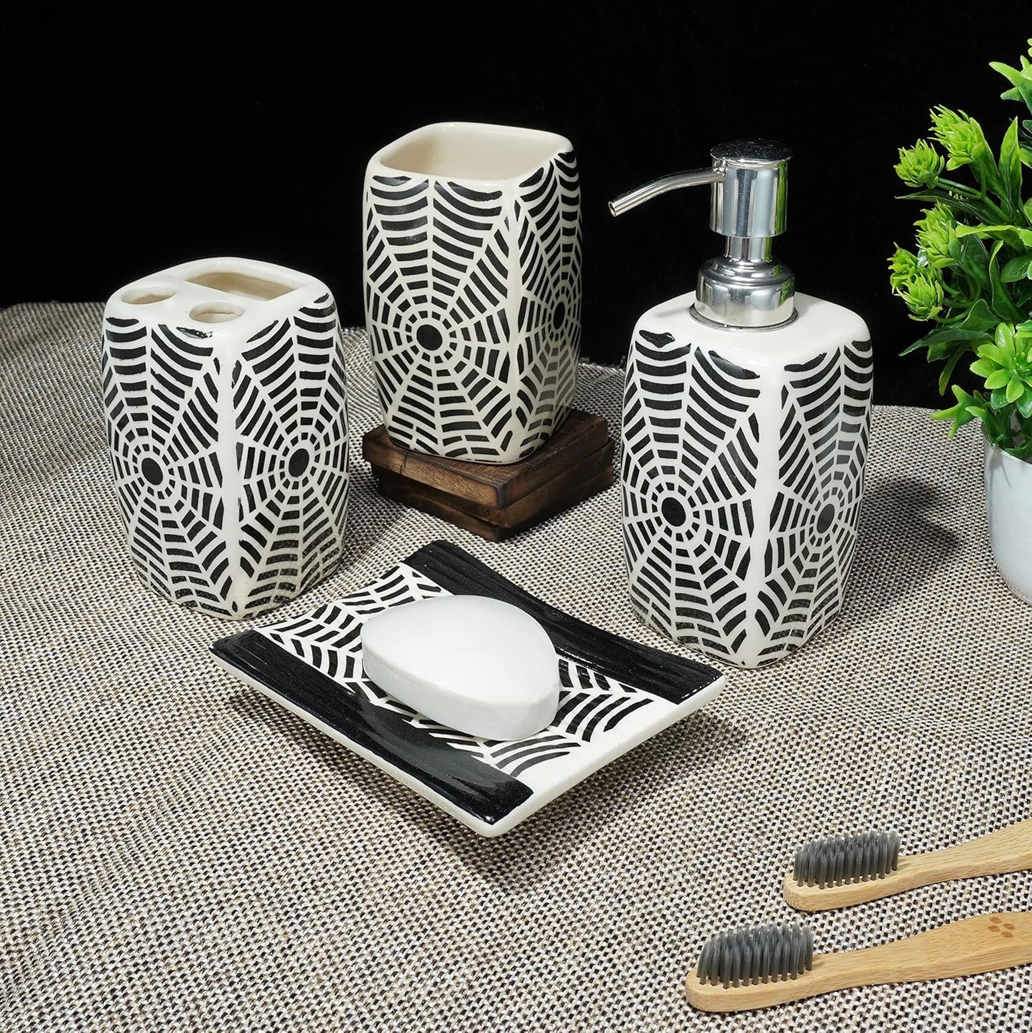 Handmade Ceramic Bathroom Accessories Set 4pcs India Pottery Vanity Complete Hand Paint, Countertop Accessory Set for Home Decor with Soap & Lotion Dispenser, Tumbler, Toothbrush Holder, Soap Dish
