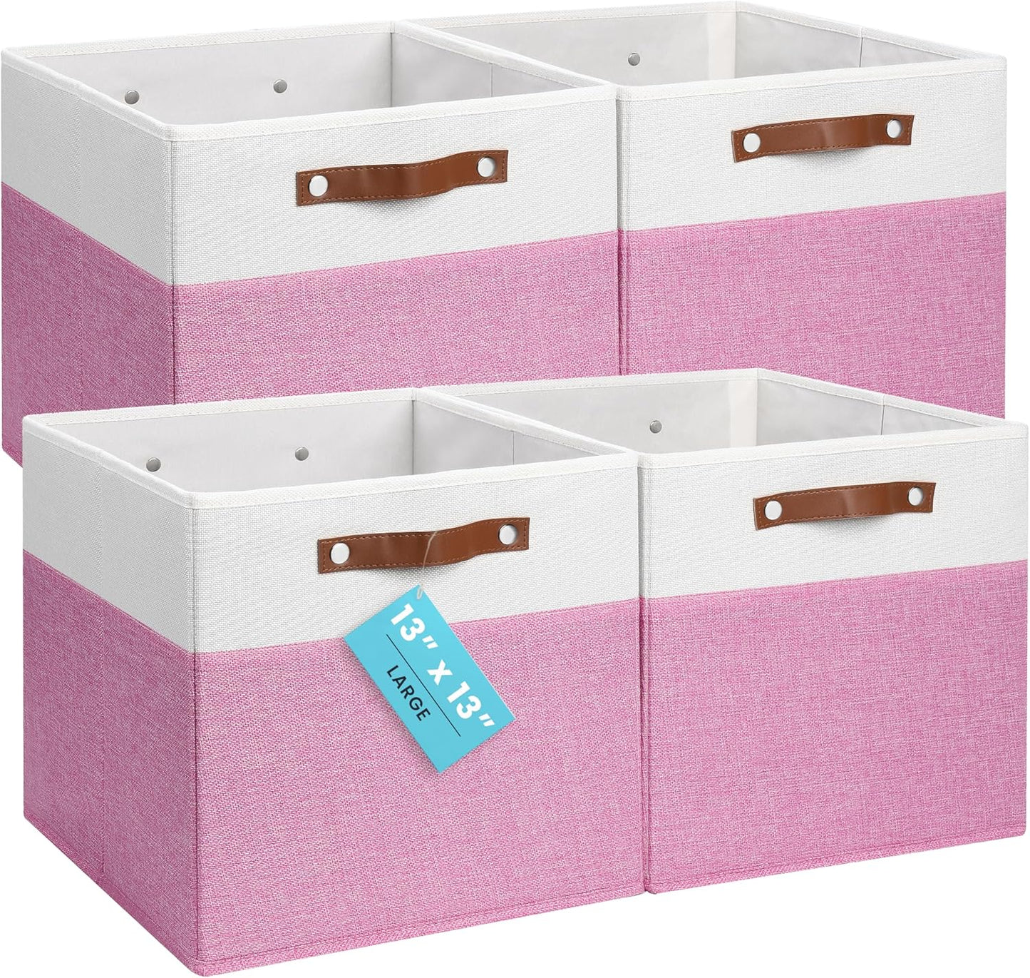 OrganiHaus 13" x 13" x 13" Cube Fabric Storage Bins Set of 4, Fabric Storage Cubes w/ Vegan Handles, 13 inch Collapsible Bins for Clothes & Toy Organizer, 13x13 Basket for Decor - Pink/White
