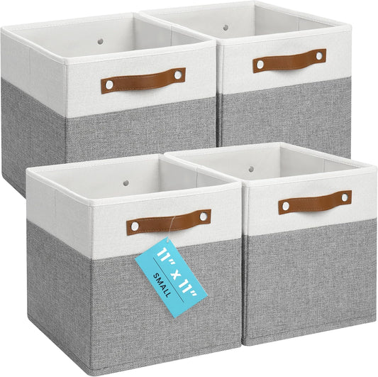 OrganiHaus 11" x 11" x 11" Fabric Cube Storage Bins Set of 4, Foldable Collapsible Canvas Storage Bins for Organizer, 11 inch Cubbies Organizer for Kallax, Linen Cube Shelf Baskets - Grey/White
