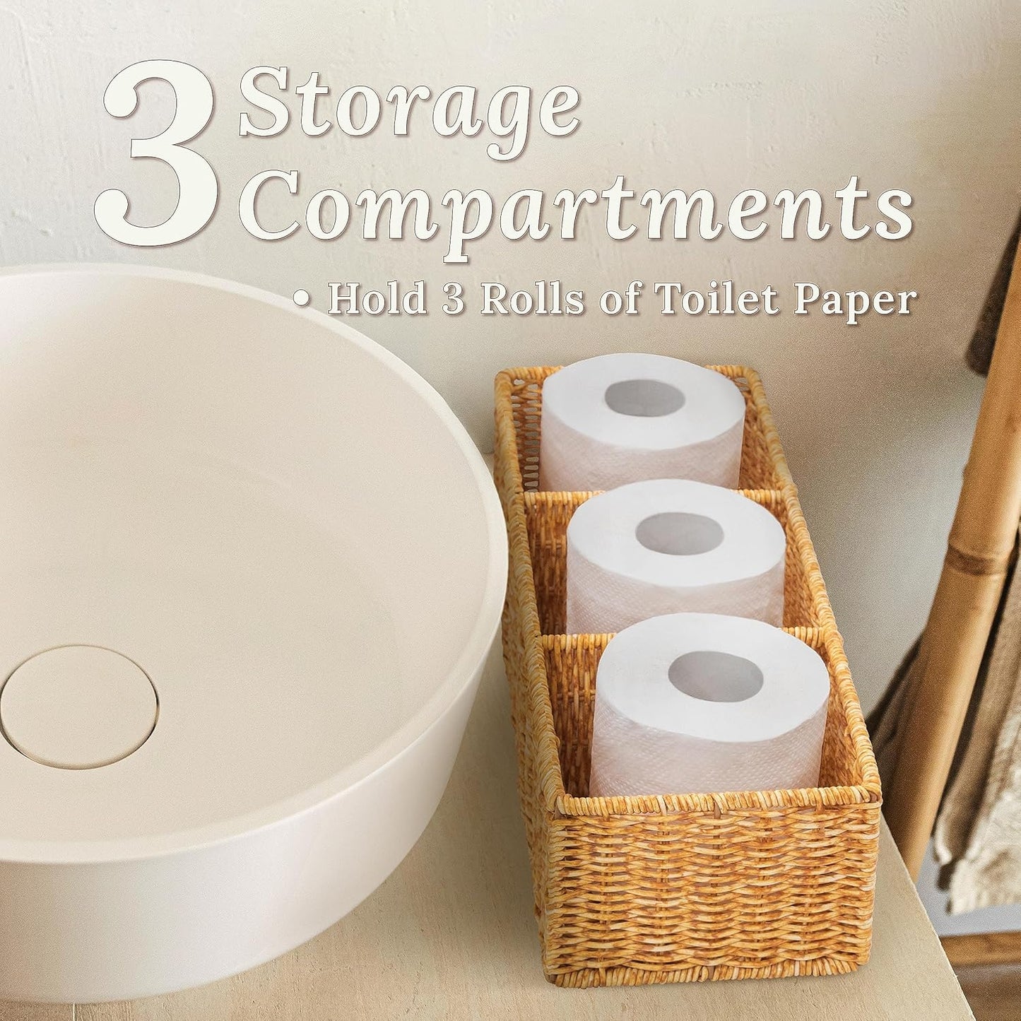 Wicker Basket with 3 Compartments, Toilet Storage, Bathroom Organizer Countertop, Resin Wicker 1pc, Latte