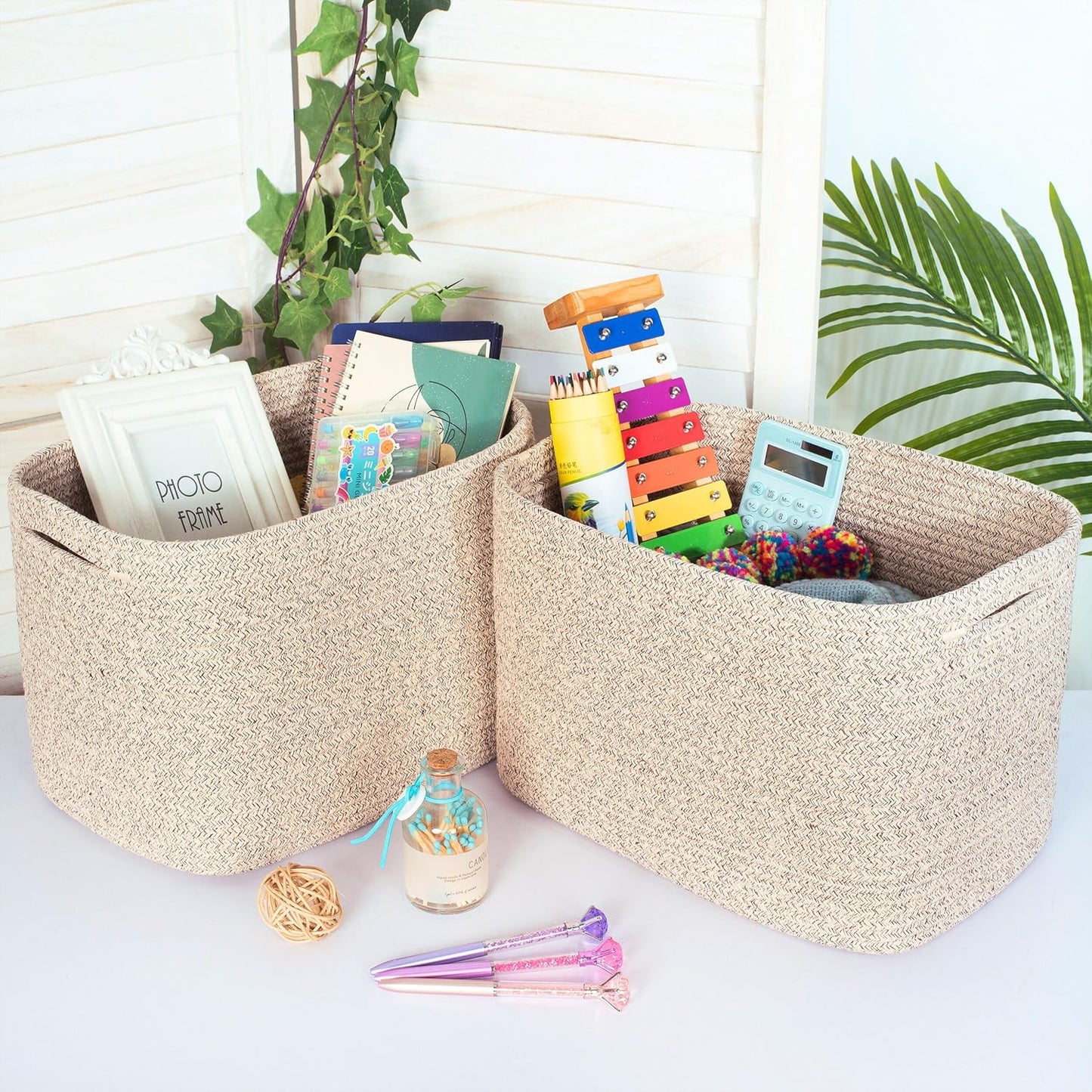 MINTWOOD Design 3-Pack Decorative Woven Storage Baskets for Shelves, Cube Bin Box for Organizing Books, Shoes, Dog Toys, Pantry Closet and Living Room Organizer, Oatmeal Brown
