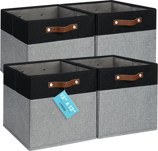OrganiHaus 13" x 13" x 13" Cube Fabric Storage Bins Set of 4, Fabric Storage Cubes w/ Vegan Handles, 13 inch Collapsible Bins for Clothes & Toy Organizer, 13x13 Basket for Kallax - Grey/Black