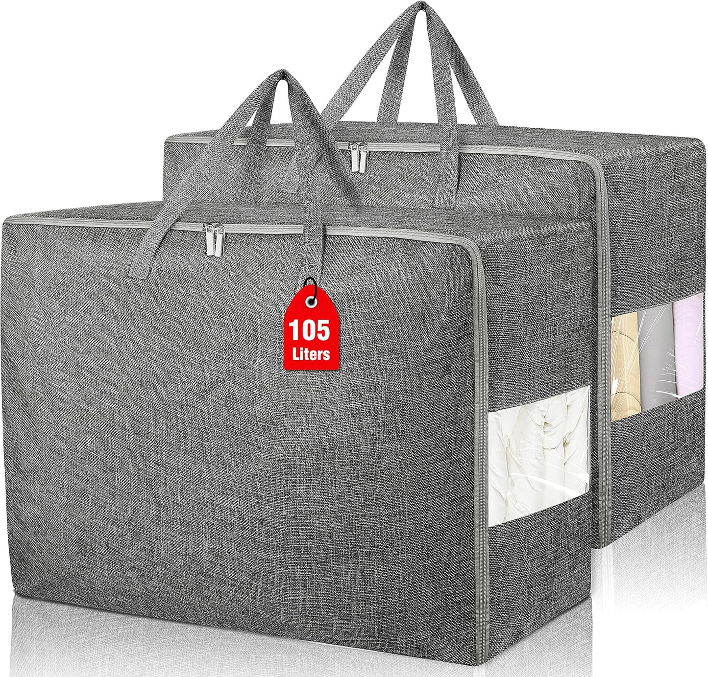 2Pack 105L Extra Large Storage Bags, Folding Comforter Blanket Storage Bags Closet Organizers and Storage Containers with Strong Handles&Zippers Clear Window for Clothes Bedding Pillow, Black