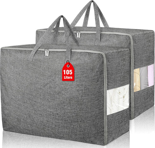 2Pack 105L Extra Large Storage Bags, Folding Comforter Blanket Storage Bags Closet Organizers and Storage Containers with Strong Handles&Zippers Clear Window for Clothes Bedding Pillow, Black