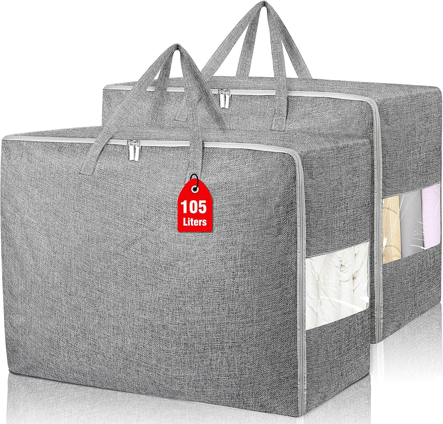2Pack 105L Extra Large Storage Bags, Folding Moving Comforter Blanket Storage Bags Closet Organizers and Storage Containers for Clothes with Strong Handles&Zippers Clear Window for Bedding Pillow Grey