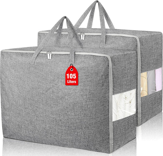 2Pack 105L Extra Large Storage Bags, Folding Moving Comforter Blanket Storage Bags Closet Organizers and Storage Containers for Clothes with Strong Handles&Zippers Clear Window for Bedding Pillow Grey
