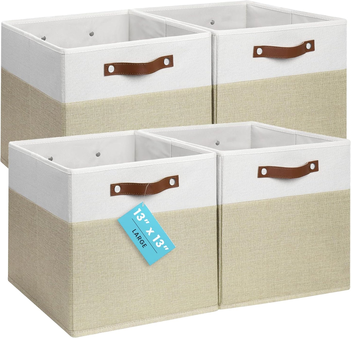 OrganiHaus 13" x 13" x 13" Cube Fabric Storage Bins Set of 4, Fabric Storage Cubes w/ Vegan Handles, 13 inch Collapsible Bins for Clothes & Toy Organizer, 13x13 Basket for Decor - Beige/White