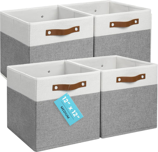 OrganiHaus 12" x 12" x 12" Fabric Cube Storage Bins - Set of 4, Cube Fabric Organizer Bins with Vegan Handles, Kallax Storage Cubes, 12Inch Cubic Baskets for Shelves - Grey / White