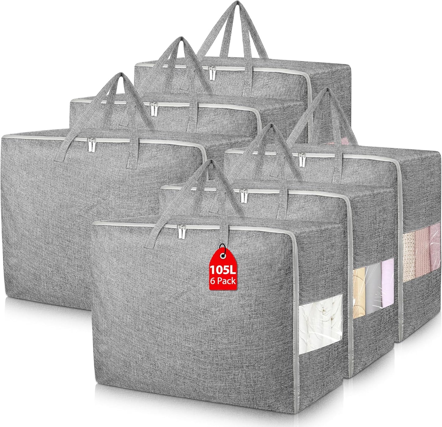 6Pack 105L Extra Large Storage Bags, Folding Moving Comforter Blanket Storage Bags Closet Organizers and Storage Containers for Clothes with Strong Handles&Zippers Clear Window for Bedding Pillow Grey