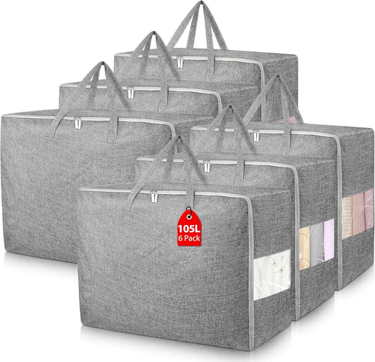 6Pack 105L Extra Large Storage Bags, Folding Moving Comforter Blanket Storage Bags Closet Organizers and Storage Containers for Clothes with Strong Handles&Zippers Clear Window for Bedding Pillow Grey