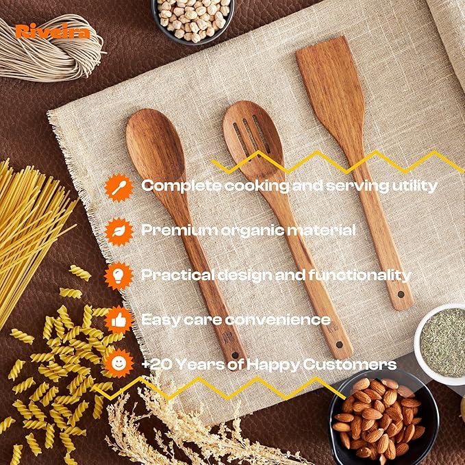 Riveira Teak Wooden Cooking Utensils Set of 3 Natural Teak Wooden Spoons & Spatula, Non-Toxic, Heat-Resistant, Scratch-Free for Non-Stick Cookware