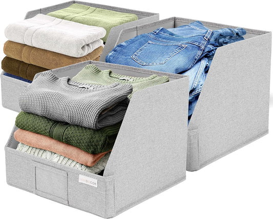 Trapezoid Closet Bins for Shelves – 12x12x10 Fabric Storage Baskets, Closet Organizers Bins, Open Front Fabric Baskets, Collapsible Organizer Boxes for Clothes, Linen – Light Gray, 3 Pack
