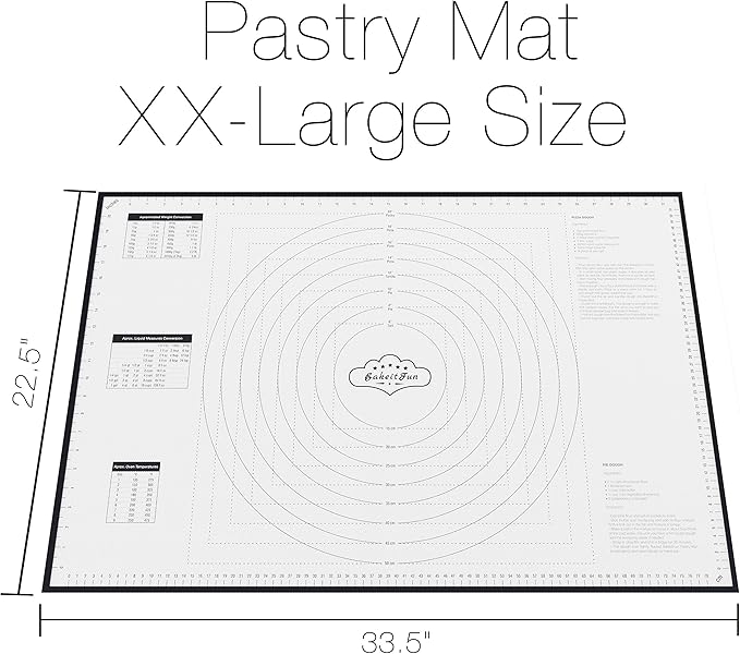 XX-Large Silicone Pastry Mat 33.5 x 22.5 in nonstick surface with inch and cm guides, concentric circles, conversion charts, BPA free, heat safe to 450°F, dishwasher safe