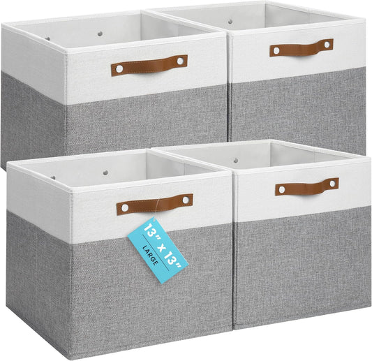 OrganiHaus 13" x 13" x 13" Cube Fabric Storage Bins Set of 4, Fabric Storage Cubes w/ Vegan Handles, 13 inch Collapsible Bins for Clothes & Toys Organizer, 13x13 Basket for Decor - Grey/White