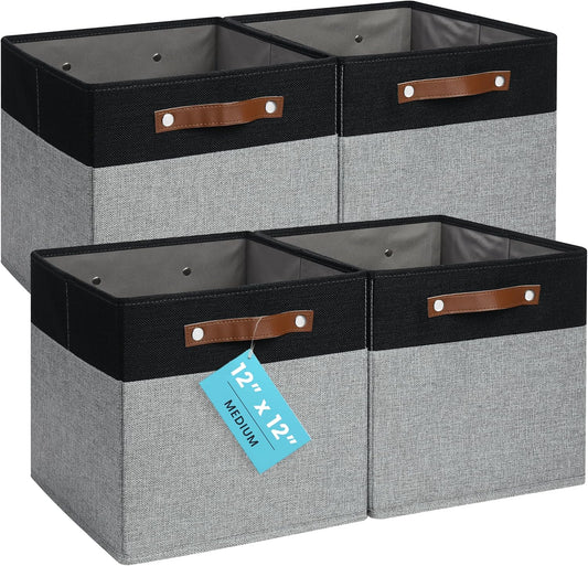 OrganiHaus 12" x 12" x 12" Fabric Storage Bins - Set of 4, Cube Canvas Organizer Bins with Vegan Handles, Kallax Storage Cubes, Cubbies Organizer Boxes, 12 Inch Cubic Baskets for Shelves - Grey/Black
