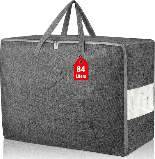 84L Extra Large Storage Bags, Folding Moving Comforter Blanket Storage Bags Closet Organizers and Storage Containers with Strong Handles&Zippers Clear Window for Clothes Bedding Pillow, Black