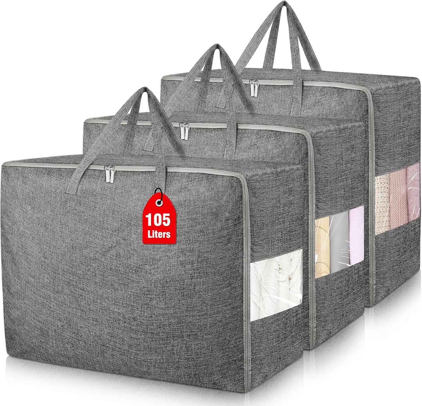 3Pack 105L Extra Large Storage Bags, Folding Comforter Blanket Storage Bags Closet Organizers and Storage Containers for Clothes with Strong Handles&Zippers Clear Window for Bedding Pillow Black
