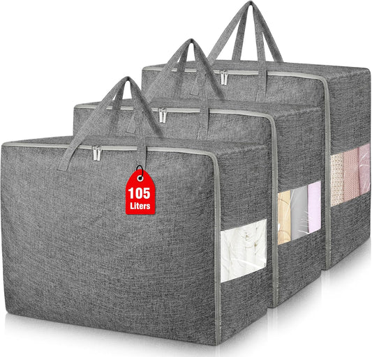 3Pack 105L Extra Large Storage Bags, Folding Comforter Blanket Storage Bags Closet Organizers and Storage Containers for Clothes with Strong Handles&Zippers Clear Window for Bedding Pillow Black