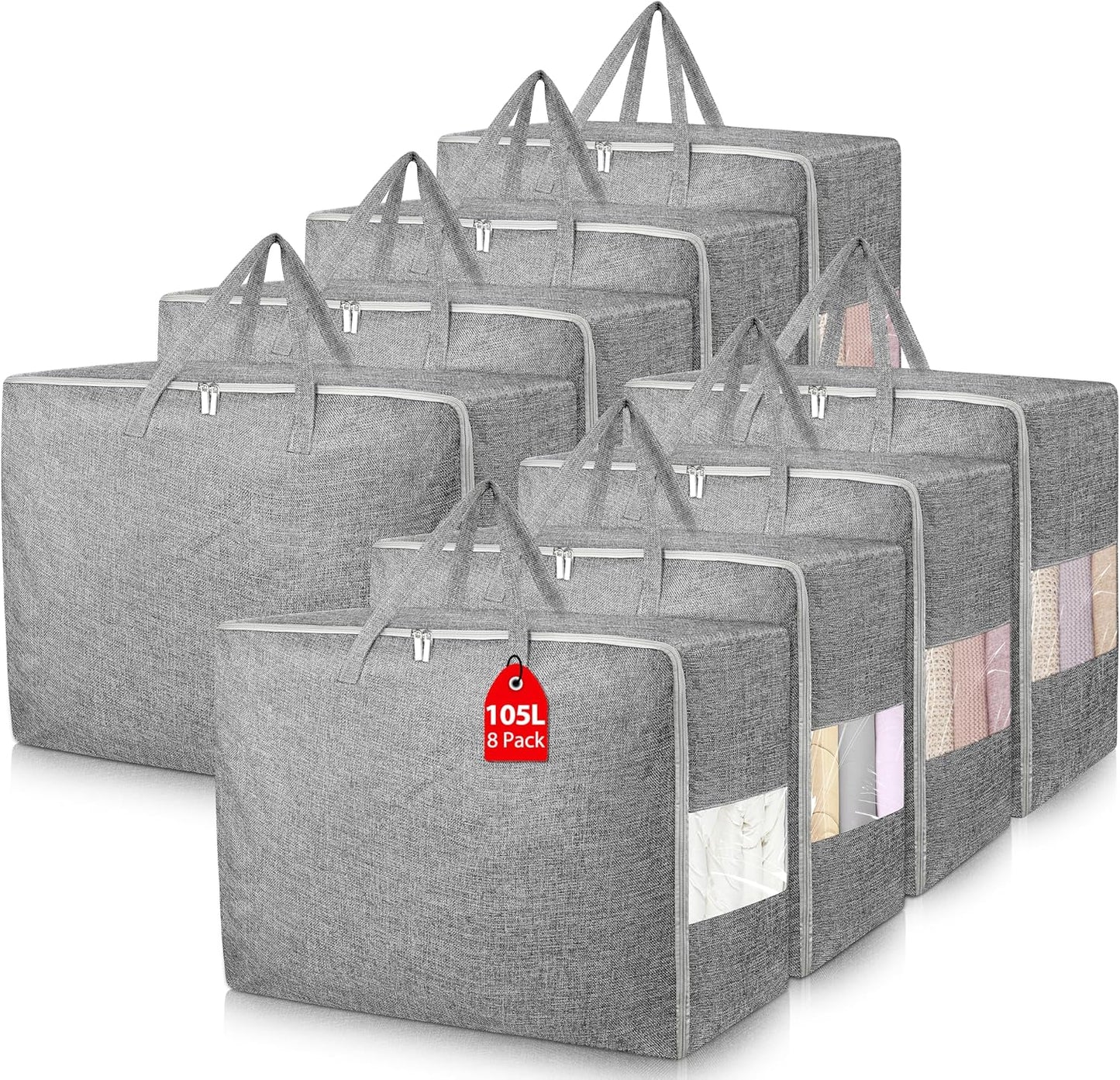 8Pack 105L Extra Large Storage Bags, Folding Moving Comforter Blanket Storage Bags Closet Organizers and Storage Containers for Clothes with Strong Handles&Zippers Clear Window for Bedding Pillow Grey