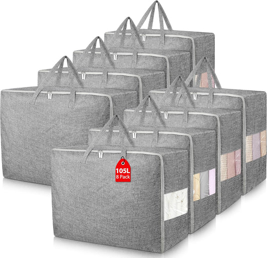 8Pack 105L Extra Large Storage Bags, Folding Moving Comforter Blanket Storage Bags Closet Organizers and Storage Containers for Clothes with Strong Handles&Zippers Clear Window for Bedding Pillow Grey