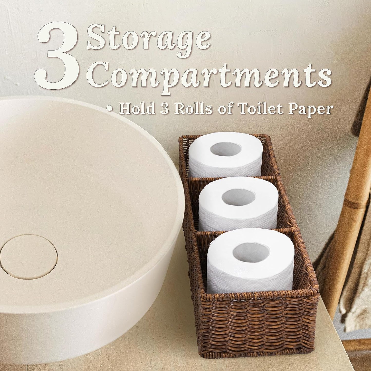 Wicker Basket with 3 Compartments, Toilet Storage, Bathroom Organizer Countertop, Resin Wicker 1pc, Toffee