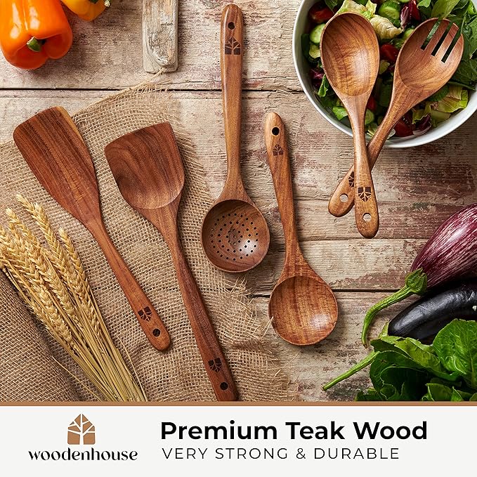 Wooden Spoons for Cooking – Wooden Kitchen Utensils Set, 6 Pcs Teak Wood Utensil Set – Comfortable Grip Non–Stick Wooden Cooking Utensils - Kitchen Gifts for Women Men, Cooking Gifts for Men Women