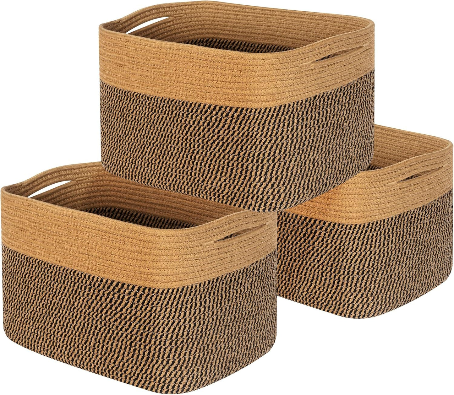 MINTWOOD Design 3-Pack Storage Baskets for Shelves, Decorative Baskets for Organizing, Woven Baskets for Storage, Book Basket Cube Storage Bin Box, Pantry Closet and Shoe Organizers, Black Jute