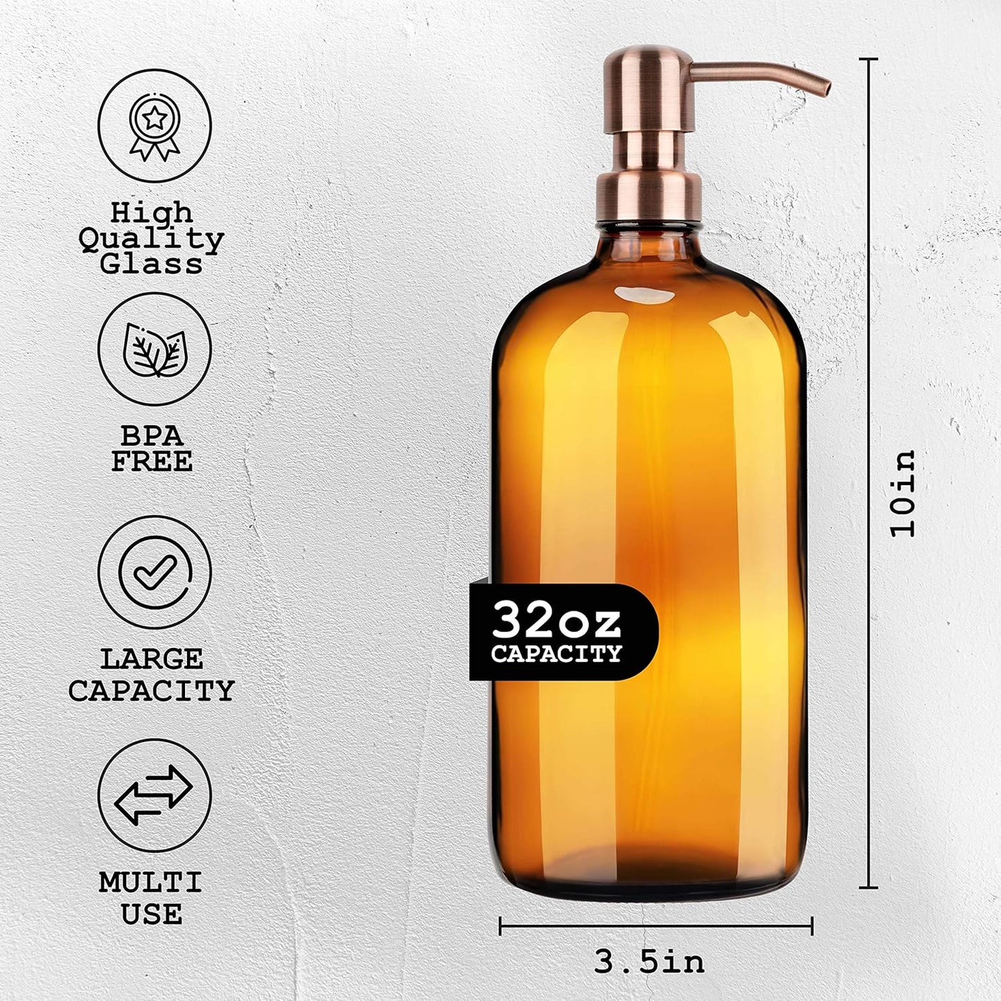 Kitchentoolz Large Pump Bottle - 32 Ounce Glass Shampoo and Soap Dispenser - Amber