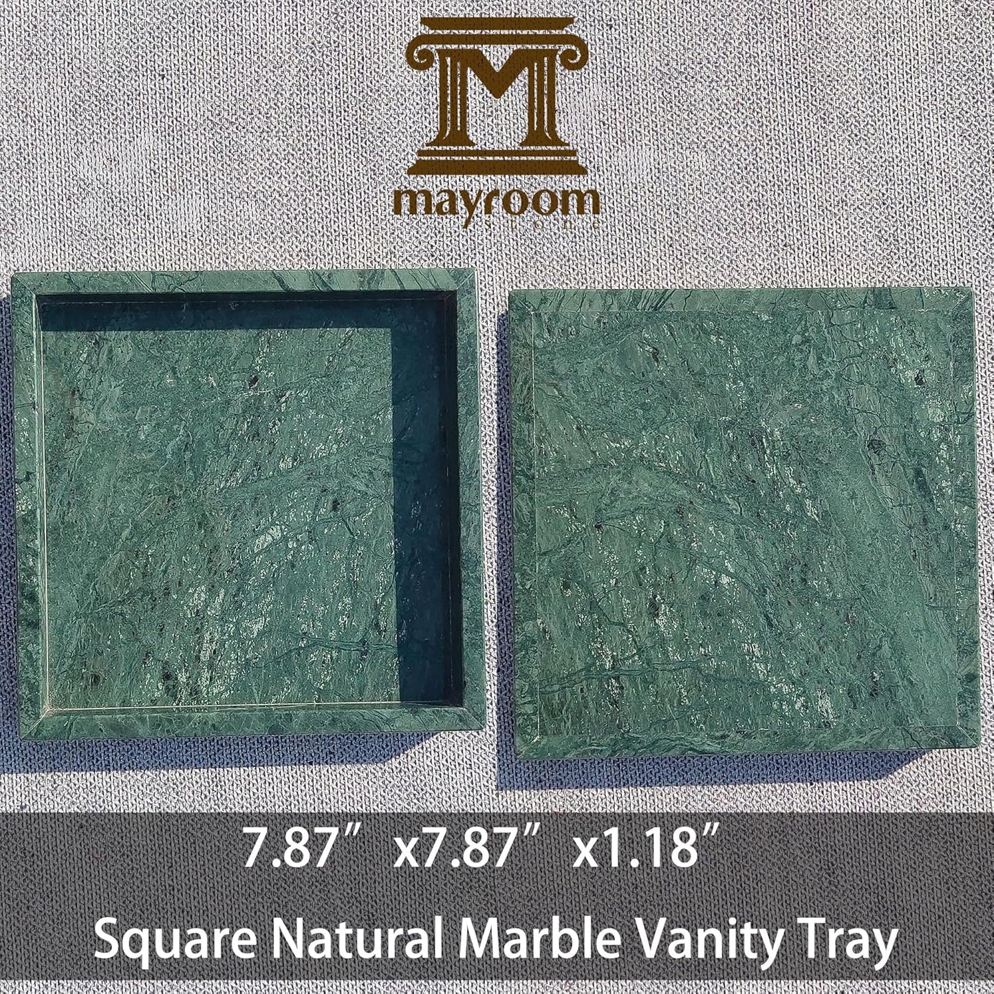 8x8 Natural Marble Vanity Tray: Polished Luxury Square Organizer for Bathroom Kitchen Dresser Makeup Jewelry Coffee Table Home Decor, Dark Green