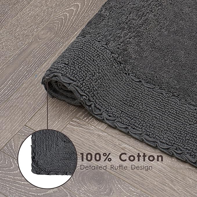 Laura Ashley Ruffle Border 100% Cotton Bath Rug Set, Dark Gray, 17" x 24"/ 20" x 32"