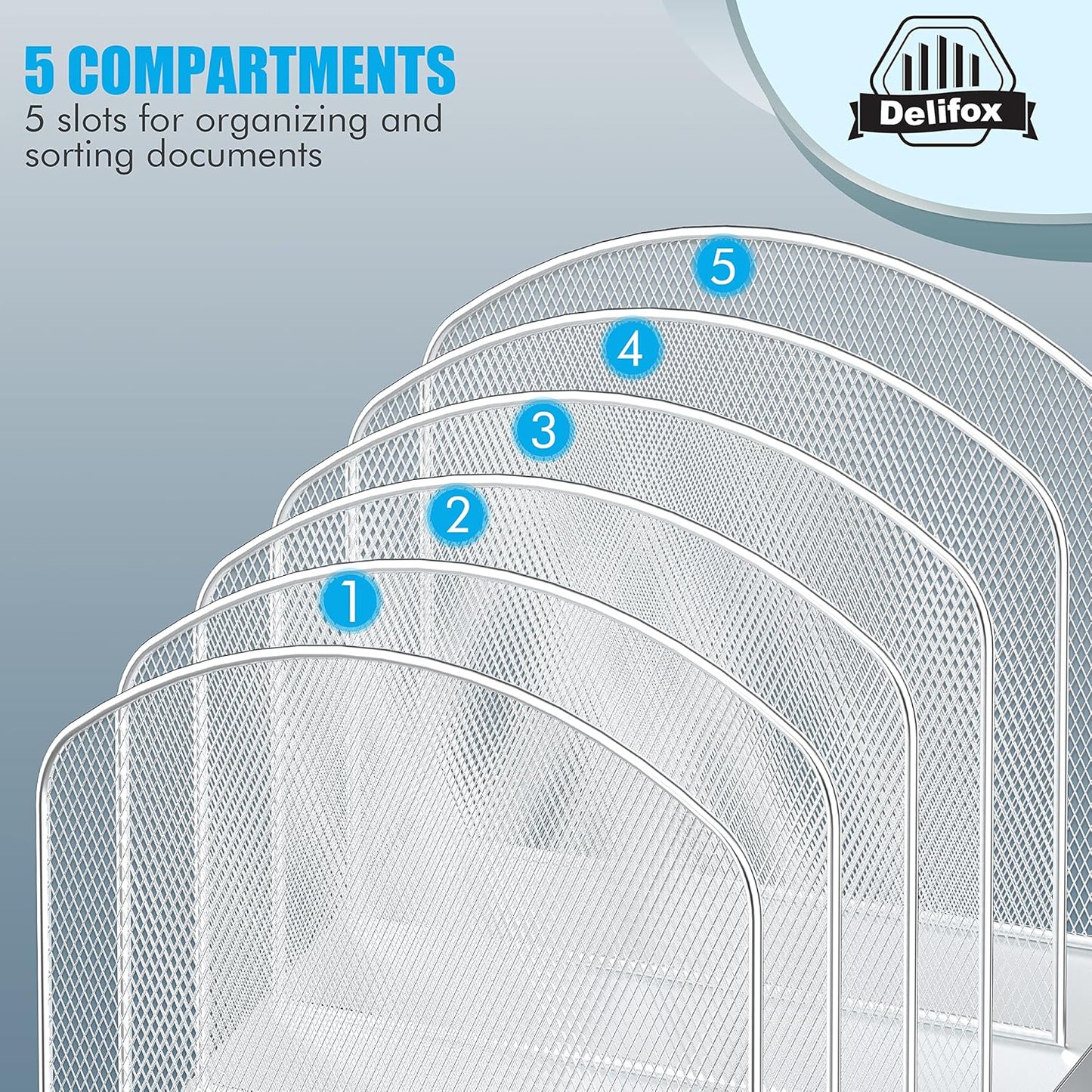 Inclined Desk File Organizer, 5-Section Vertical File Folder Holder Stand Metal Rack File Sorter for Office Classroom Desktop Organization (Silver, 1Pack)