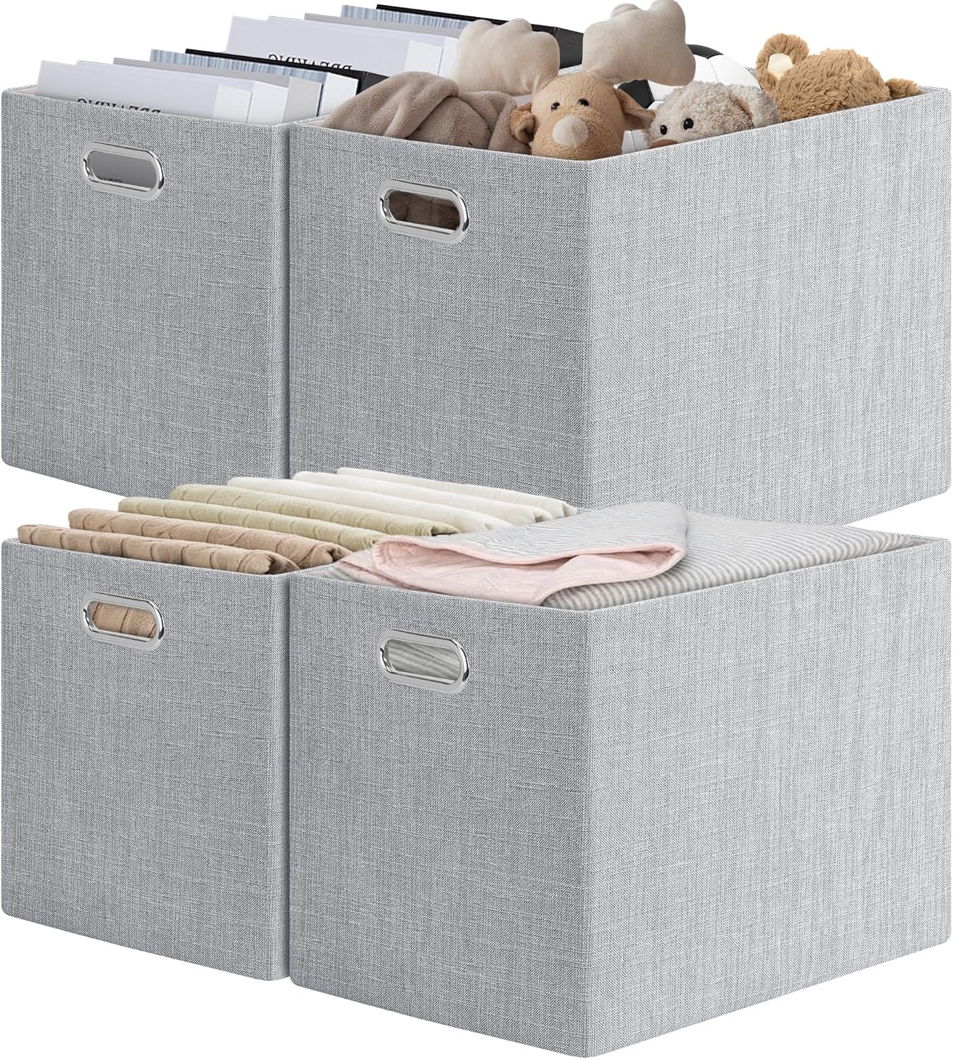 Posprica 15.12"x12.13"x12.01" Storage Cube Bins, Linen Decorative Closet Storage Organizer for IKEA Kallax, 4 Pack Fabric Foldable Large Storage Baskets for Closet, Shelves, Clothes, Toy(Grey)