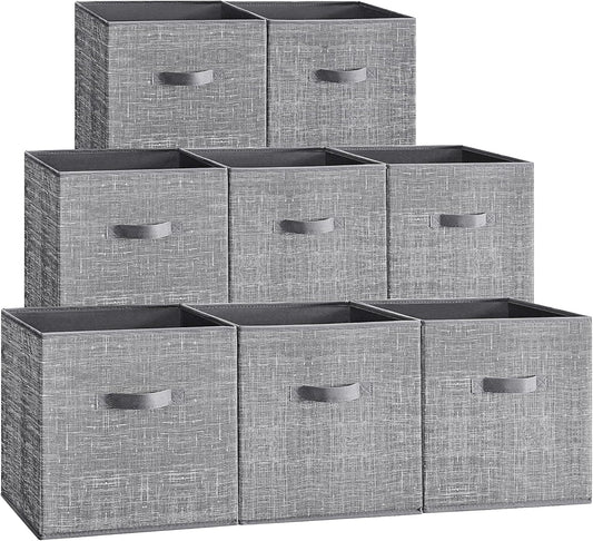 SONGMICS Storage Cubes, 13 x 13 x 13 Inches Non-Woven Fabric Bins with Double Handles, Set of 8, Closet Organizers for Shelves, Foldable, for Clothes, Cattail Gray UROB833G01