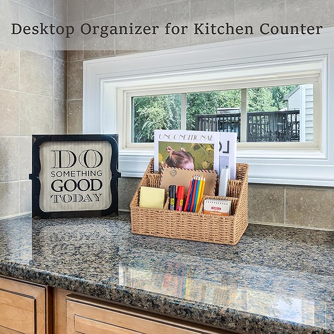 Rattan Desk Organizer, Tabletop Mail Holder, 5 Slot Mail Organizer Countertop Basket, Rattan Office Supplies, Boho Office Desk Accessories, Wicker Desk Organizer, Magazine Holder（Wicker）