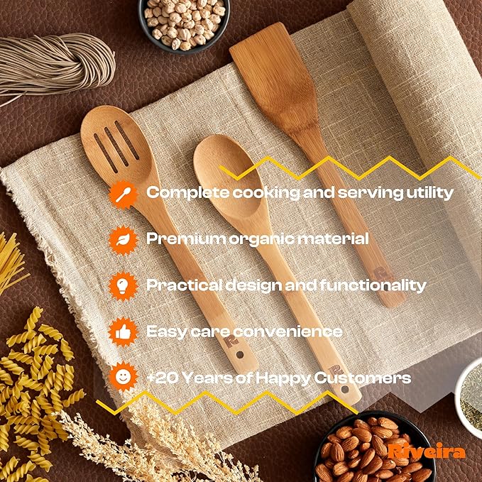 Riveira Dark Bamboo Wooden Spoons for Cooking 3-Piece, Apartment Essentials Wood Spatula Spoon Nonstick Kitchen Utensil Set Premium Quality Housewarming Gifts for Everyday Use