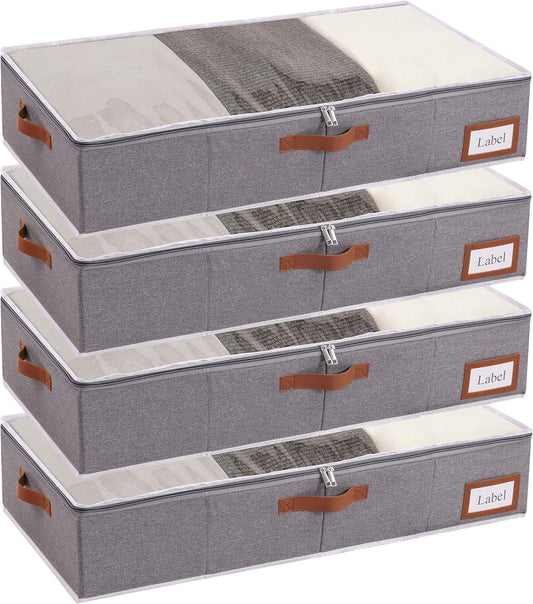 Yawinhe Under Bed Storage Containers, 4 Pack, Bin with Lids, Collapsible Closet Organizers, with Sorting Card Slot and 4 Leather Handles, for Blanket, Bedding, 31.5''Lx15.7''Wx6''H, Grey