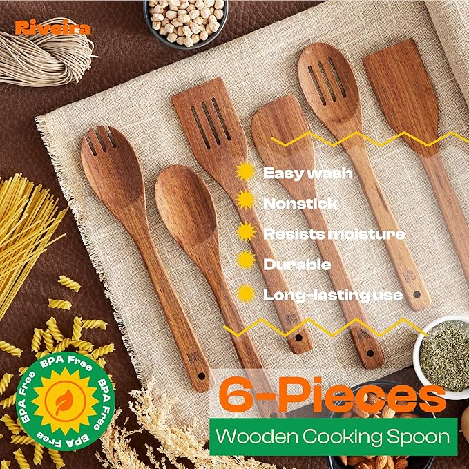 Riveira Teak Wooden Cooking Utensils Set of 6 Premium Quality Non-Toxic Wooden Spoons & Spatula for Cooking, Stirring & Serving
