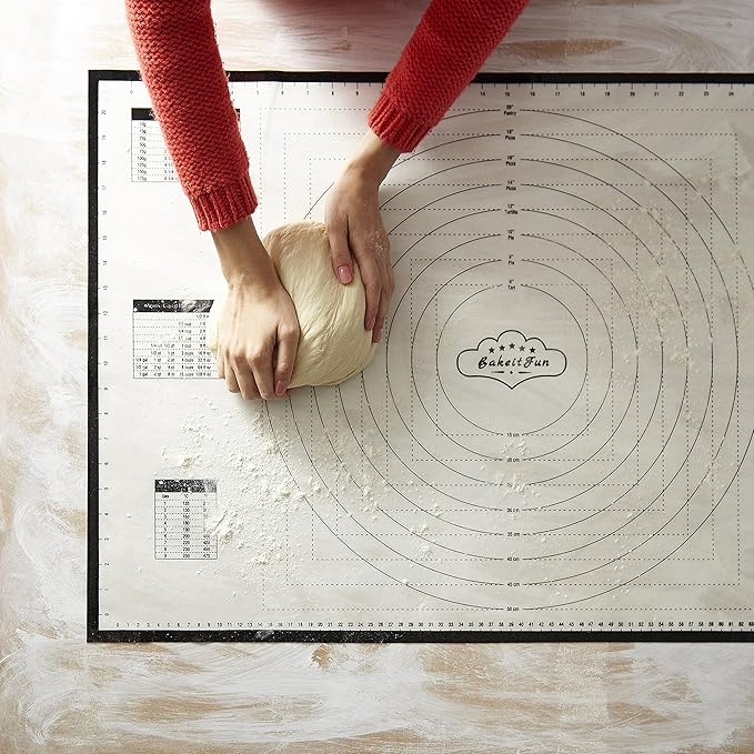 XX-Large Silicone Pastry Mat 33.5 x 22.5 in nonstick surface with inch and cm guides, concentric circles, conversion charts, BPA free, heat safe to 450°F, dishwasher safe