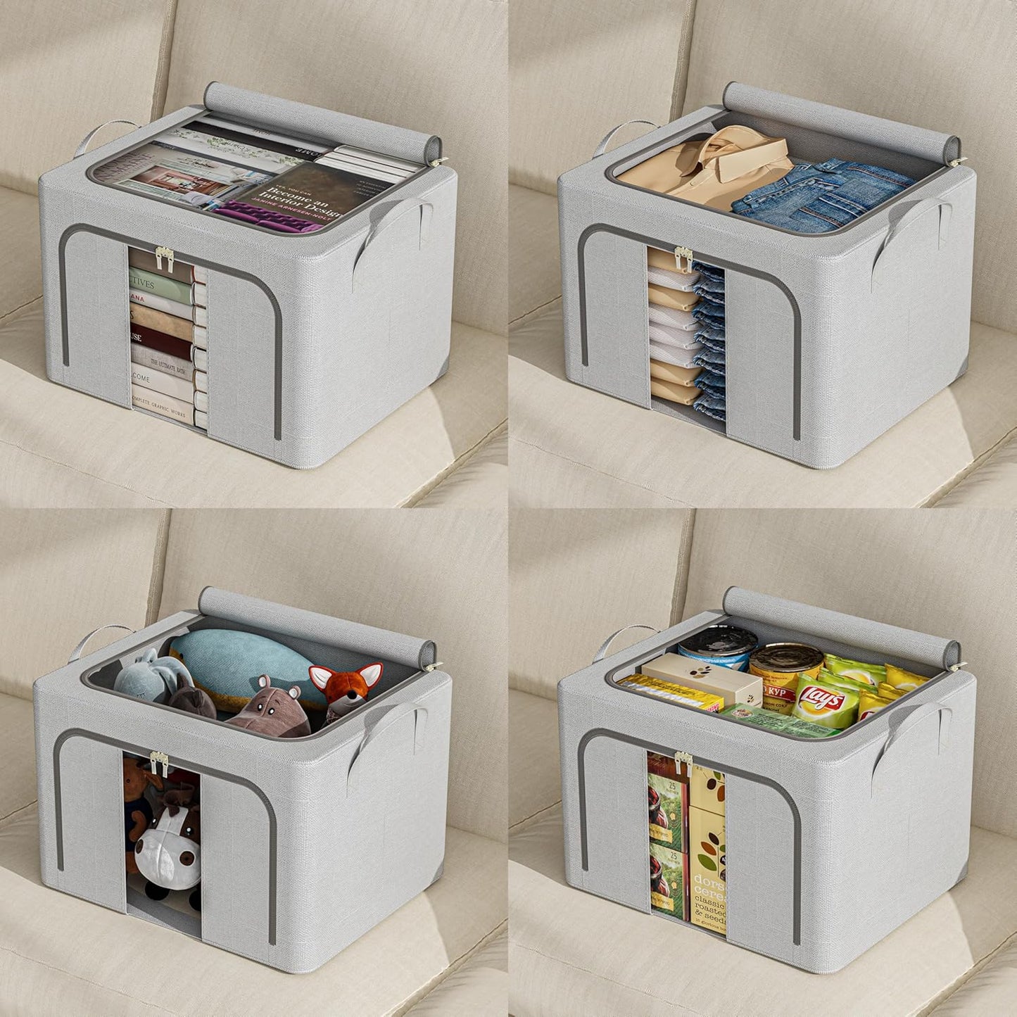 Pinkpum 3 Pack Clothes Storage Bins with Metal Frame, Closet Organizers and Storage Boxes, Stackable & Foldable Clothes Organizer Bags with Large Clear Window & Long Carry Handles, Grey Pattern 66L