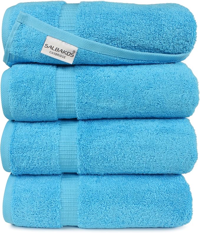 SALBAKOS 100% Turkish Cotton Bath Towel Set of 4 27x54 inch | Heirloom Quality | Hotel & Spa Collection | Ultra Soft, Super Absorbent, Long Lasting Bath Towels | Made in Turkey (Aqua, 4 Bath Towels)
