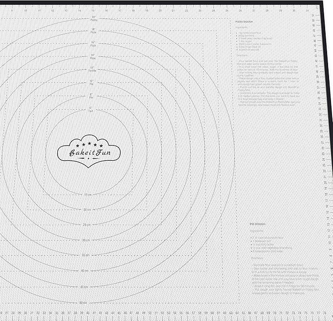 XX-Large Silicone Pastry Mat 33.5 x 22.5 in nonstick surface with inch and cm guides, concentric circles, conversion charts, BPA free, heat safe to 450°F, dishwasher safe